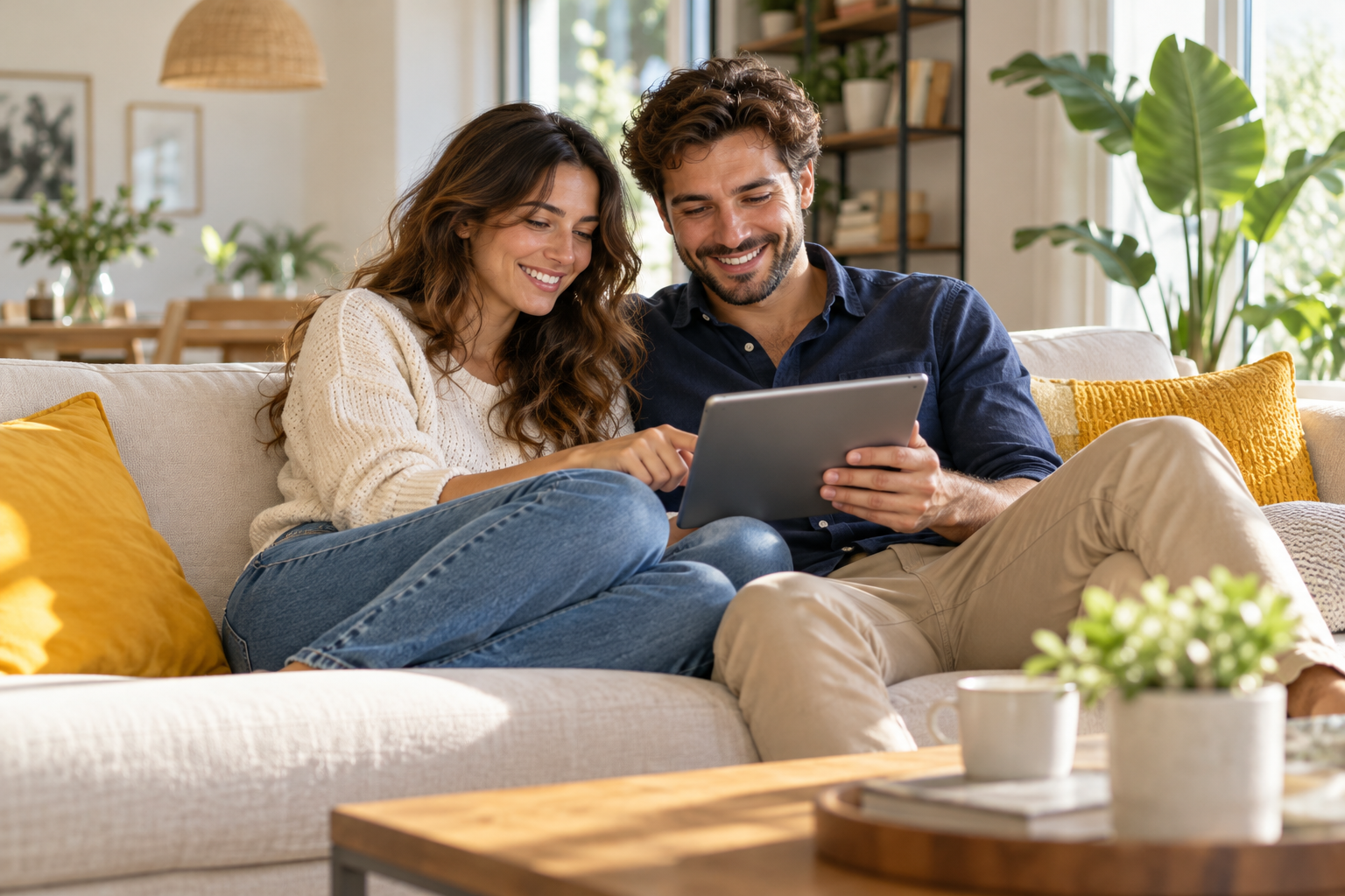 Una pareja consulta una tablet en el salón de su casa